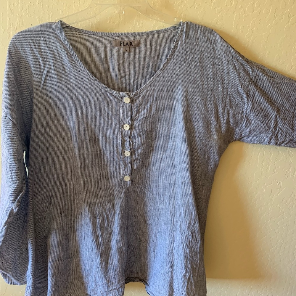 Flax linen black and white striped long sleeved blouse.